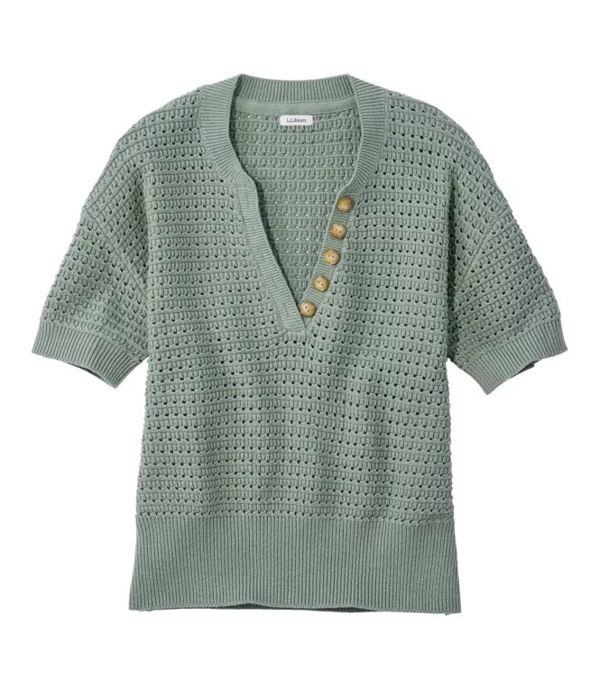 Sunwashed Open Work Short Sleeve Henley Sweater Women's Regular